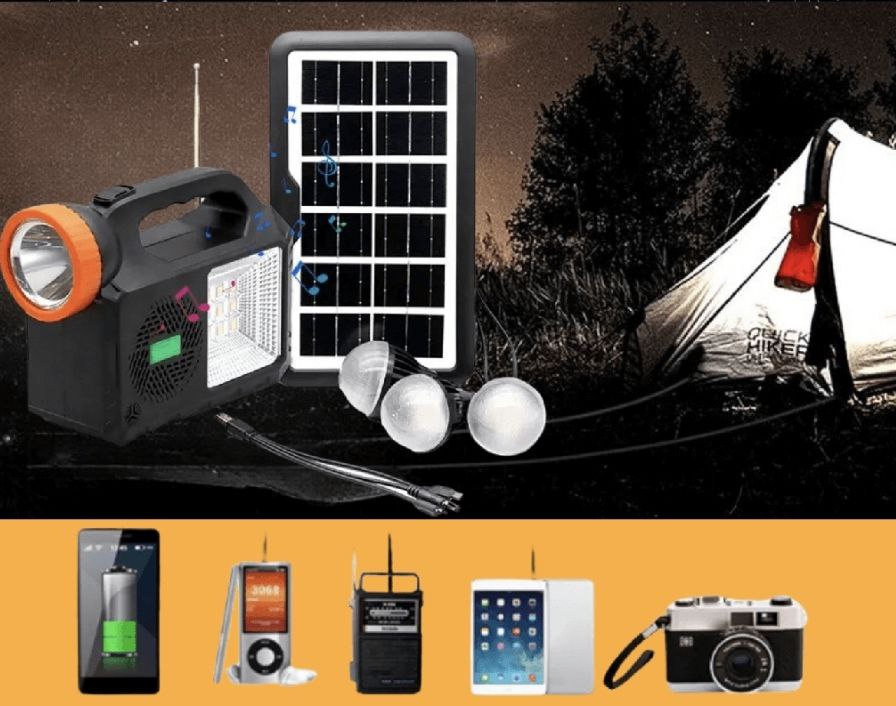 Kit Solar Portatil Parlante Bluetooth Linterna con 3 Focos más Power Bank más Panel solar