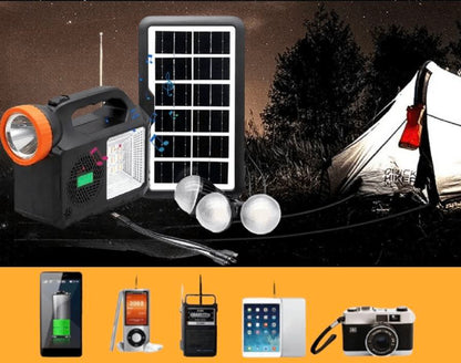 Kit Solar Portatil Parlante Bluetooth Linterna con 3 Focos más Power Bank más Panel solar