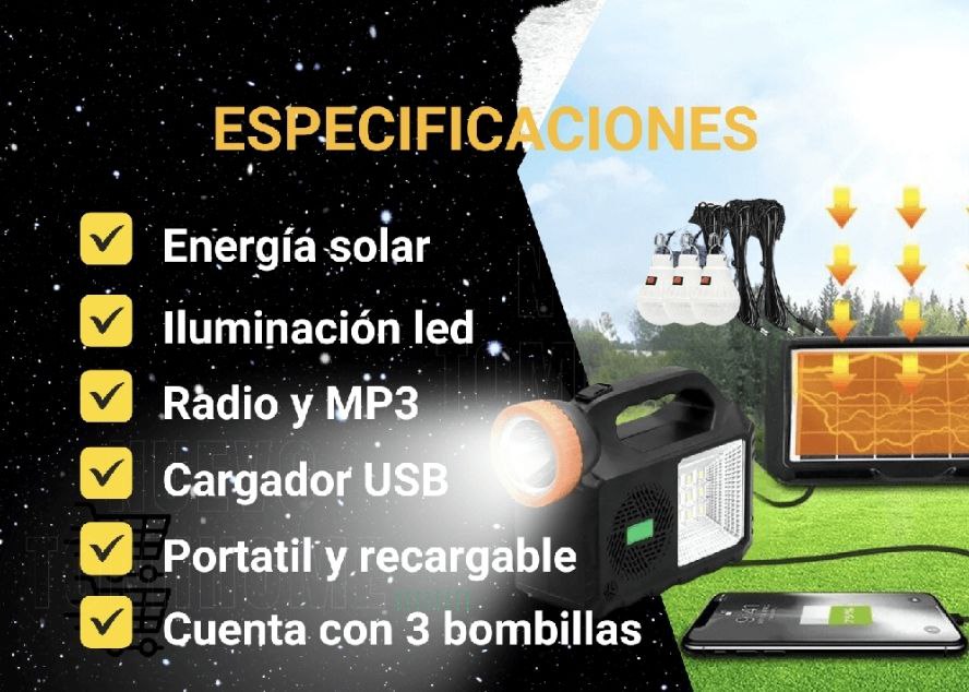 Kit Solar Portatil Parlante Bluetooth Linterna con 3 Focos más Power Bank más Panel solar