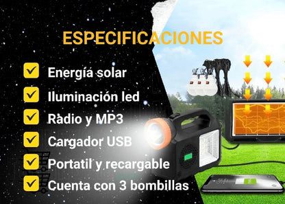 Kit Solar Portatil Parlante Bluetooth Linterna con 3 Focos más Power Bank más Panel solar